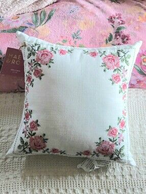 Maeve and Rose Floral Needlepoint Stitch Square Cotton Decorative Throw PIllow